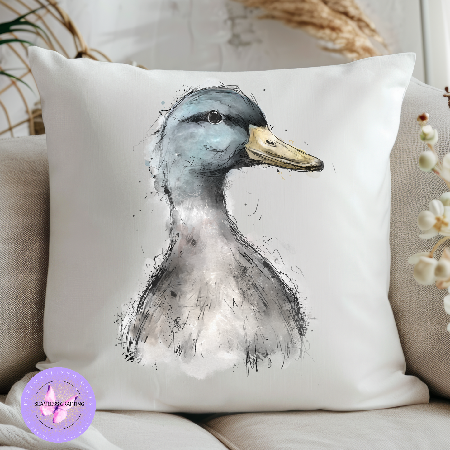 Personalised Watercolour Duck Cushion – Custom Name Pillow for All Occasions