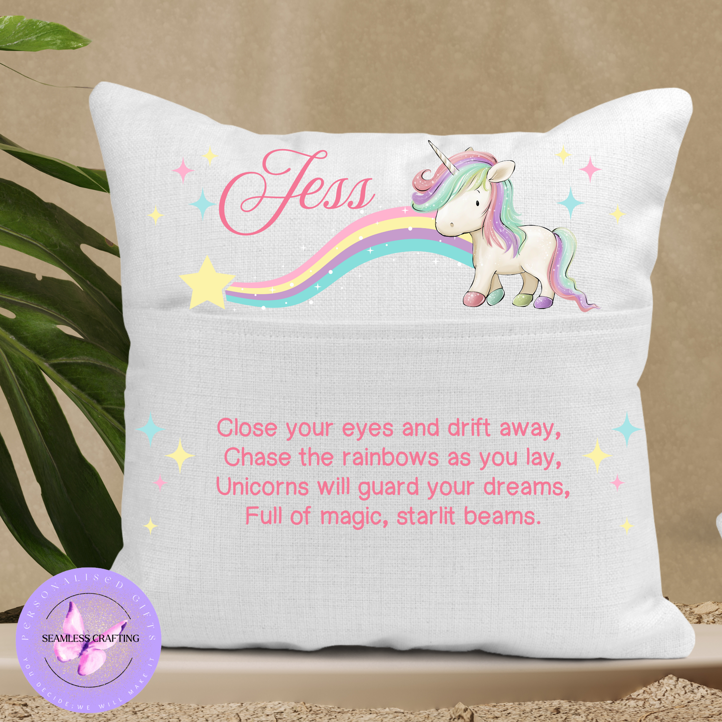 Personalised Unicorn Cushion for Girls – Custom Name Linen Pillow 40x40cm | Magical Unicorn Bedroom Decor | Dreamy Kids Cushion Cover