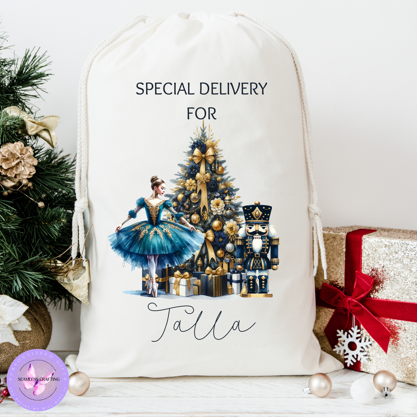 Personalised Christmas Santa Sack – Nutcracker Ballet Gift Bag | 3 Designs in Blue, Gold, Pink | Large & Small Sizes