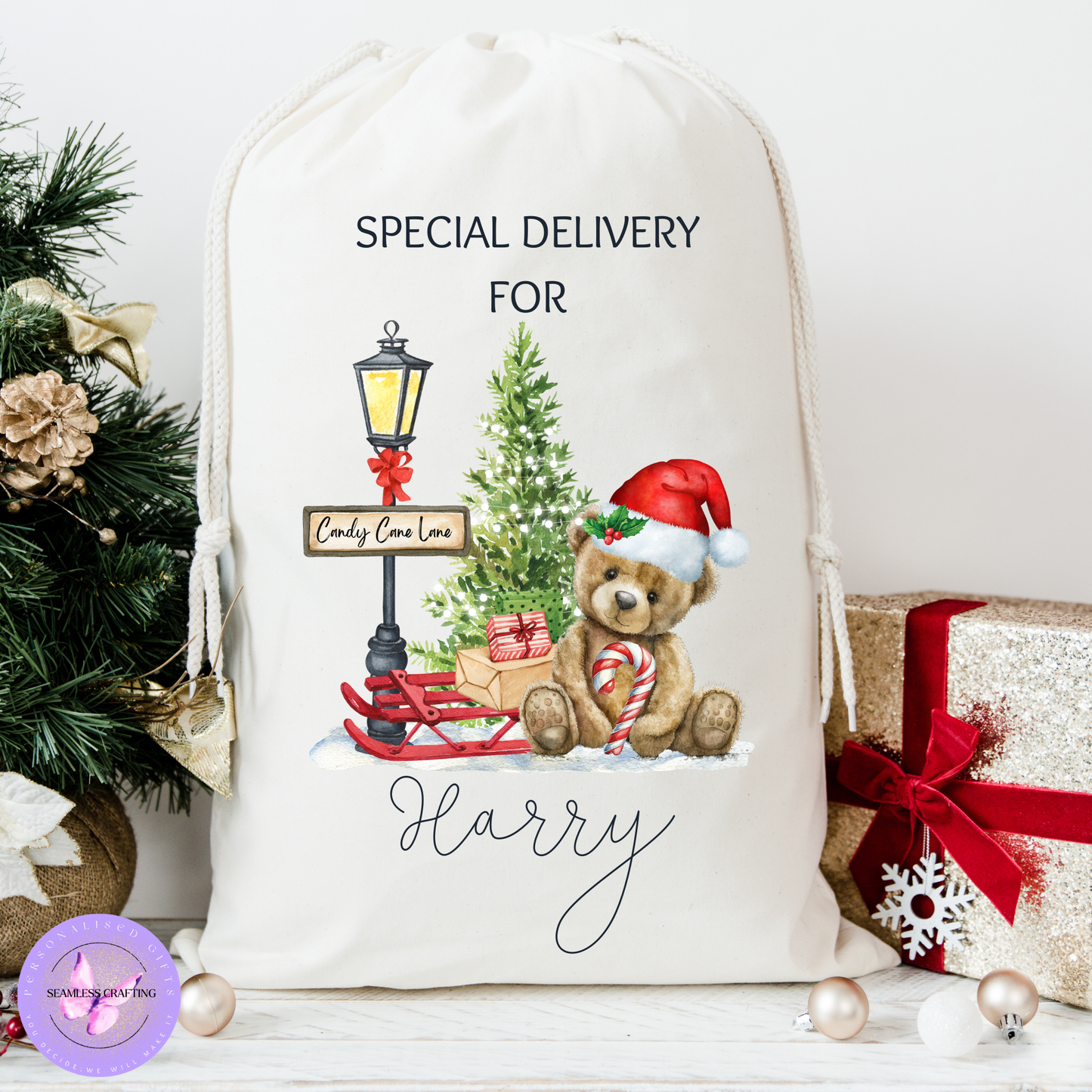 Personalised Teddy Bear Christmas Santa Sack – Candy Cane Lane Gift Bag with Custom Name
