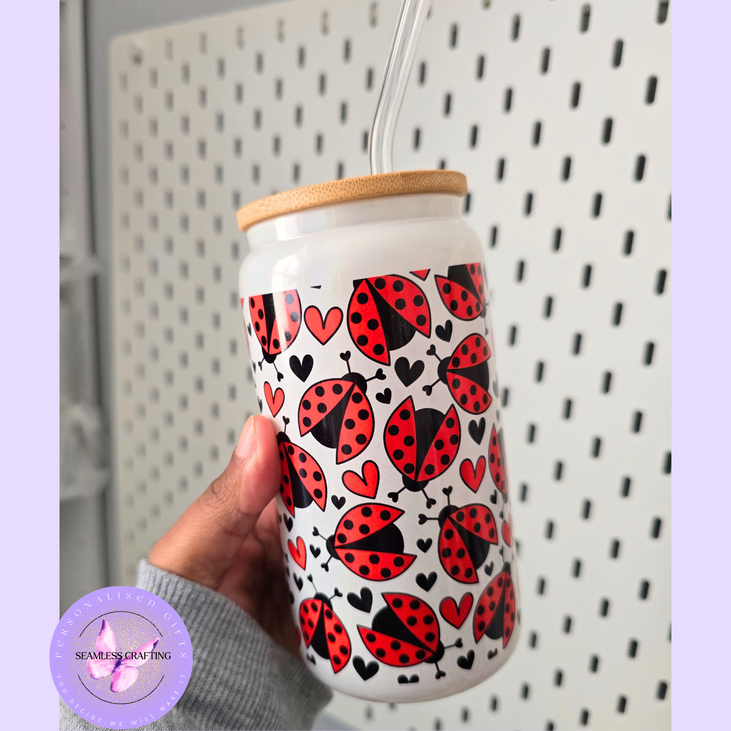Personalised Ladybug Shimmer Glass Can Tumbler – 16oz with Bamboo Lid & Straw – Custom Name – Red or Pink Ladybug Design – Cute Gift for Her