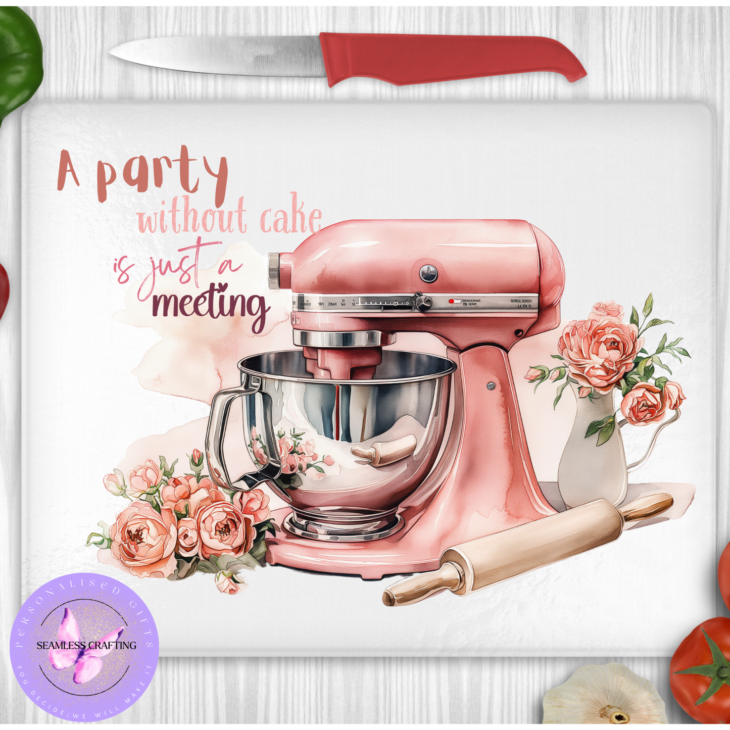 Personalised Glass Chopping Board – Cake Mixer Design | Tempered Glass Cutting Board Gift (20x28cm or 28x38cm)