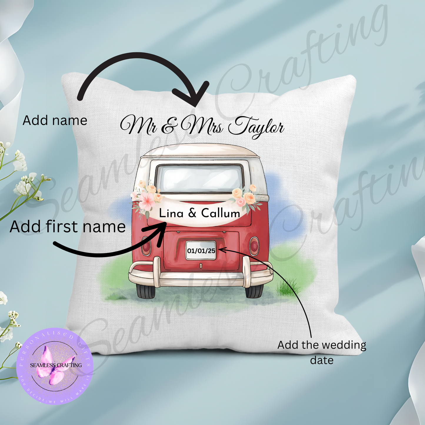 Personalised Vintage Wedding Cushion – Campervan Design, Mr & Mrs Gift, Custom Name & Date Linen Pillow (40cm)