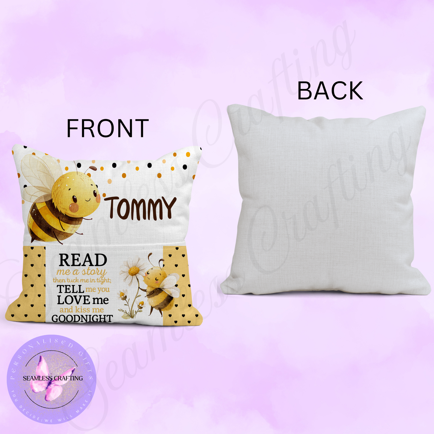 Personalised Bee Reading Cushion for Kids – Custom Name Linen Cushion with Pocket | Read Me a Story Pillow Gift for Boys & Girls | Bedtime Book Cushion
