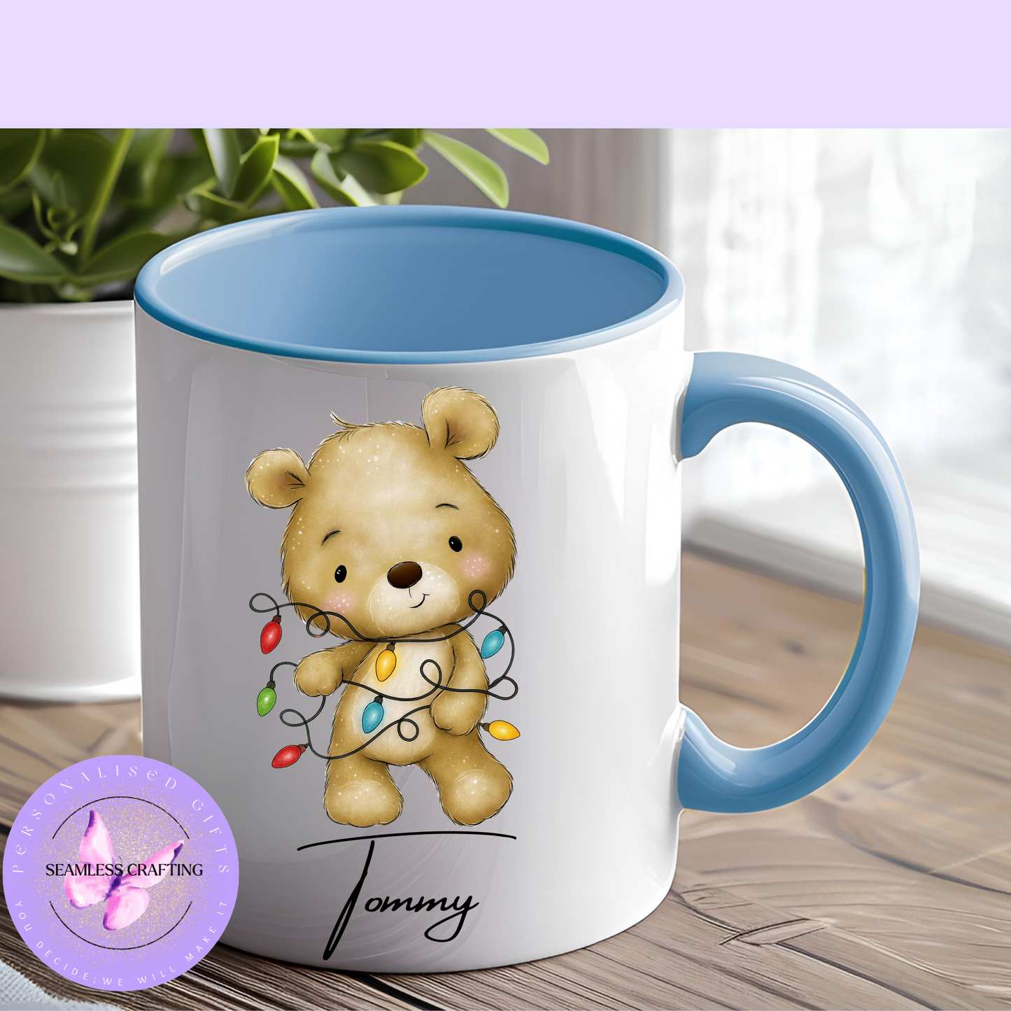 Personalised Christmas Mug – Teddy Bear Tangled with Christmas Lights – 11oz Ceramic Coffee Cup with Custom Name & 5 Colour Options