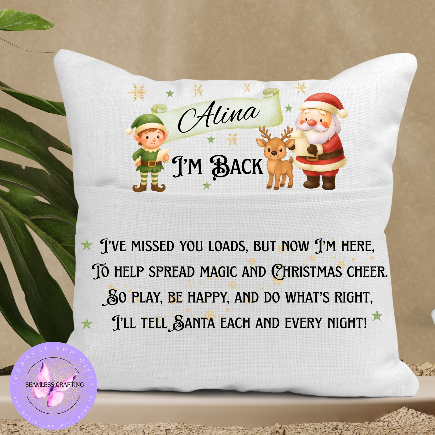 Personalised “I’m Back” Christmas Elf Cushion – Custom Name Kids Cushion | Santa & Elf Return Pillow | Linen Canvas Cushion Cover 40x40cm