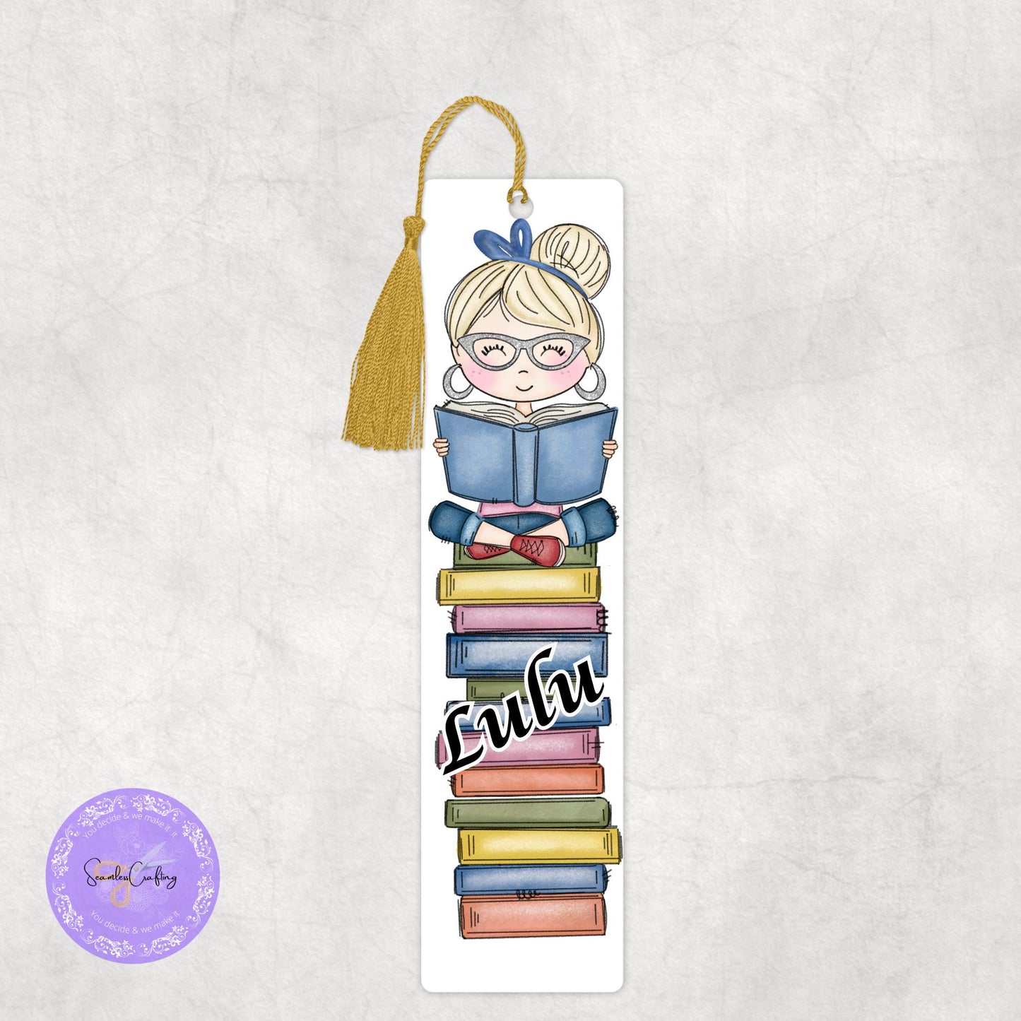 Personalised little Girl sitting on stack of books, add any name, Character page marker, gift for girl, choose hair colour & skin tone