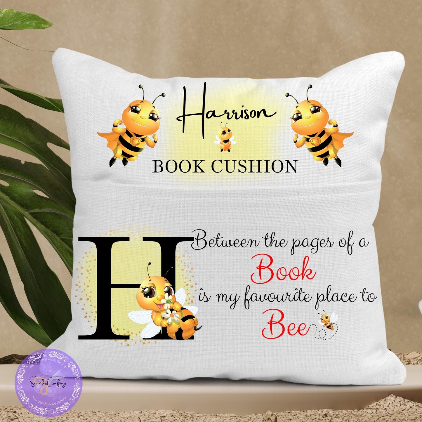 Personalised Bee Reading Cushion, Storytime Pillow, Reading Pocket cushion, Bedroom nursery decor, Booklover gifts, Canvas Linen Cushion