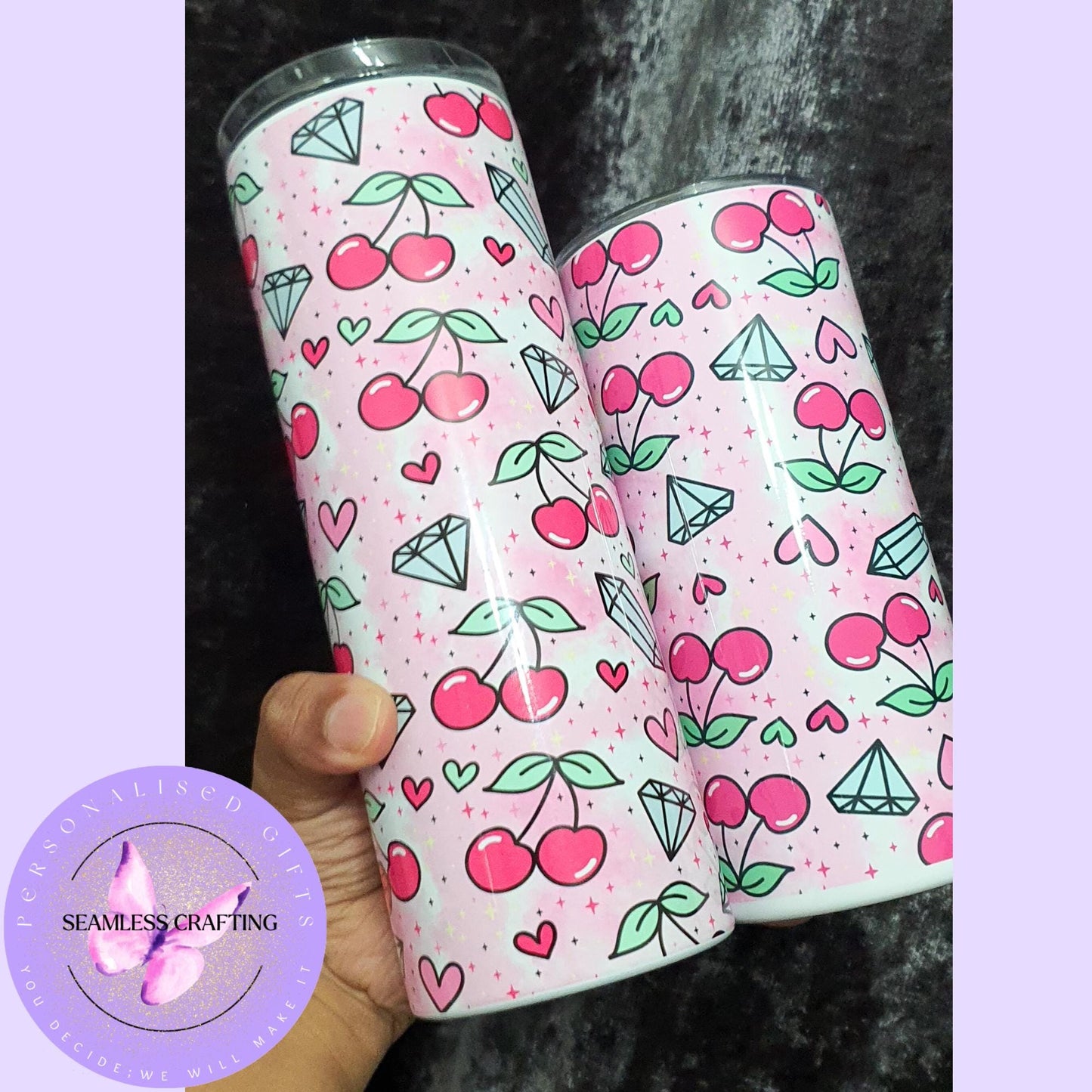 Custom-made cherry crystal tumbler, mug, reusable 20 oz,15 oz tumbler, matching mum-daughter present, cherry, crystal lover set