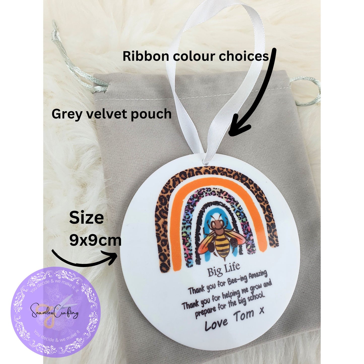 Peronalised Bee Rainbow Nursery teacher, practitioner hanging keepsake plaque, Thank you keepsake gift, childminders ornament gift