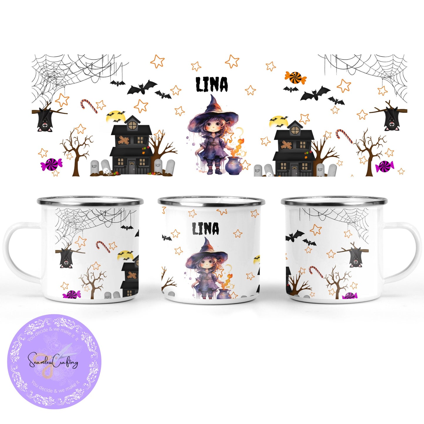 Personalied Halloween kids enamel mug, trick or treat cup, 12 0z unbreakable cup, Spooky kids, Party favour spooky kids, Dracula boy & Witch