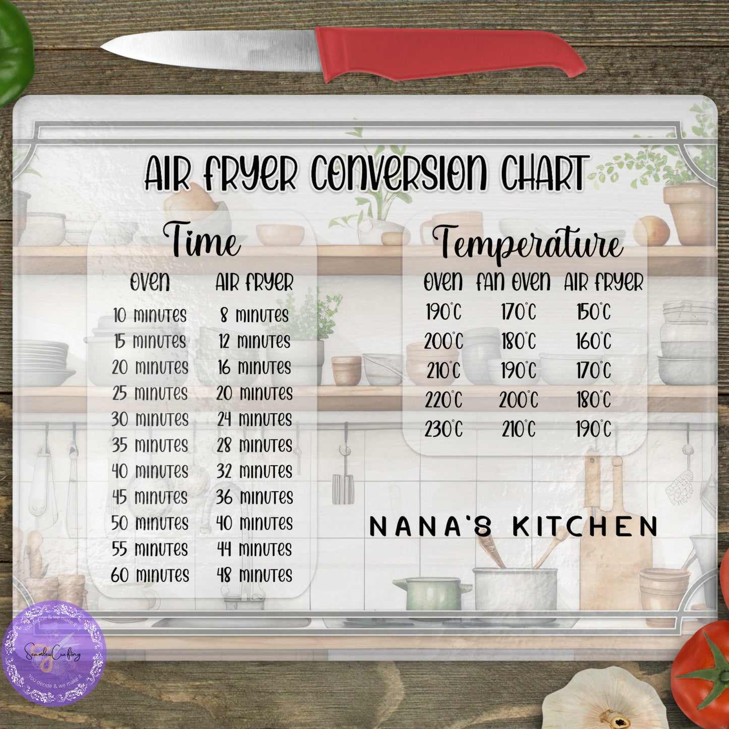 Personalised Glass Air Fryer Conversion Chart, Cooking lover gift, Tampered Glass, Baker, Chef cooking Aid, Customised Board, Birthday Gift