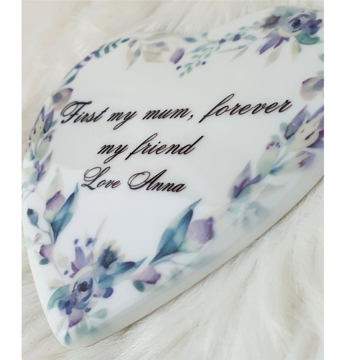 Personalised Heart ceramic tile with free plastic Stand easel, Display heart ornament for Mother, ' First my mum, forever my friend