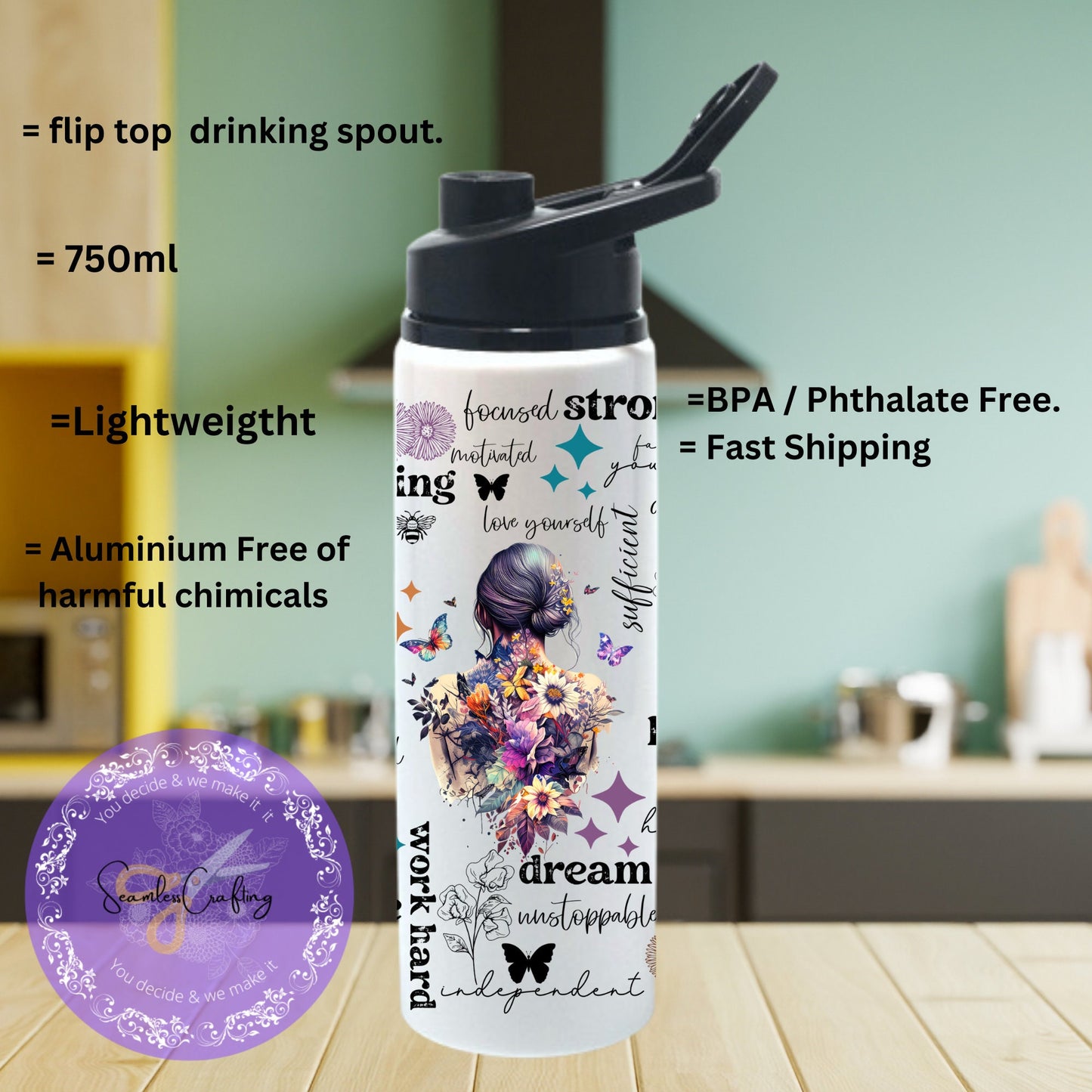 Personalised aluminium inspirational colourful butterfly flowers water bottle, Positive affirmation mental health awareness bottle.