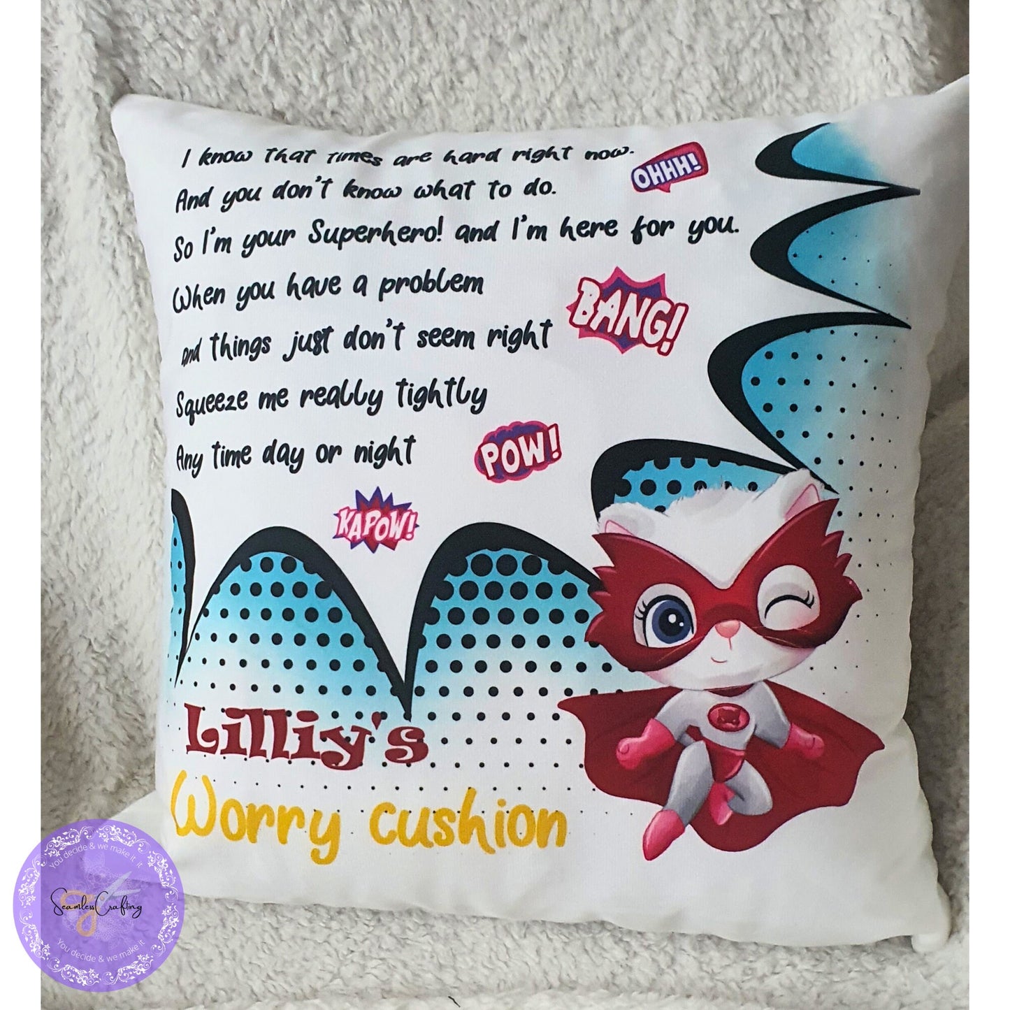 Personalised kids Superhero Cushion, Worry Comforter Soft pillow, Gift bedroom boys and girls, I know times are hard, Bad Dreams Comforter