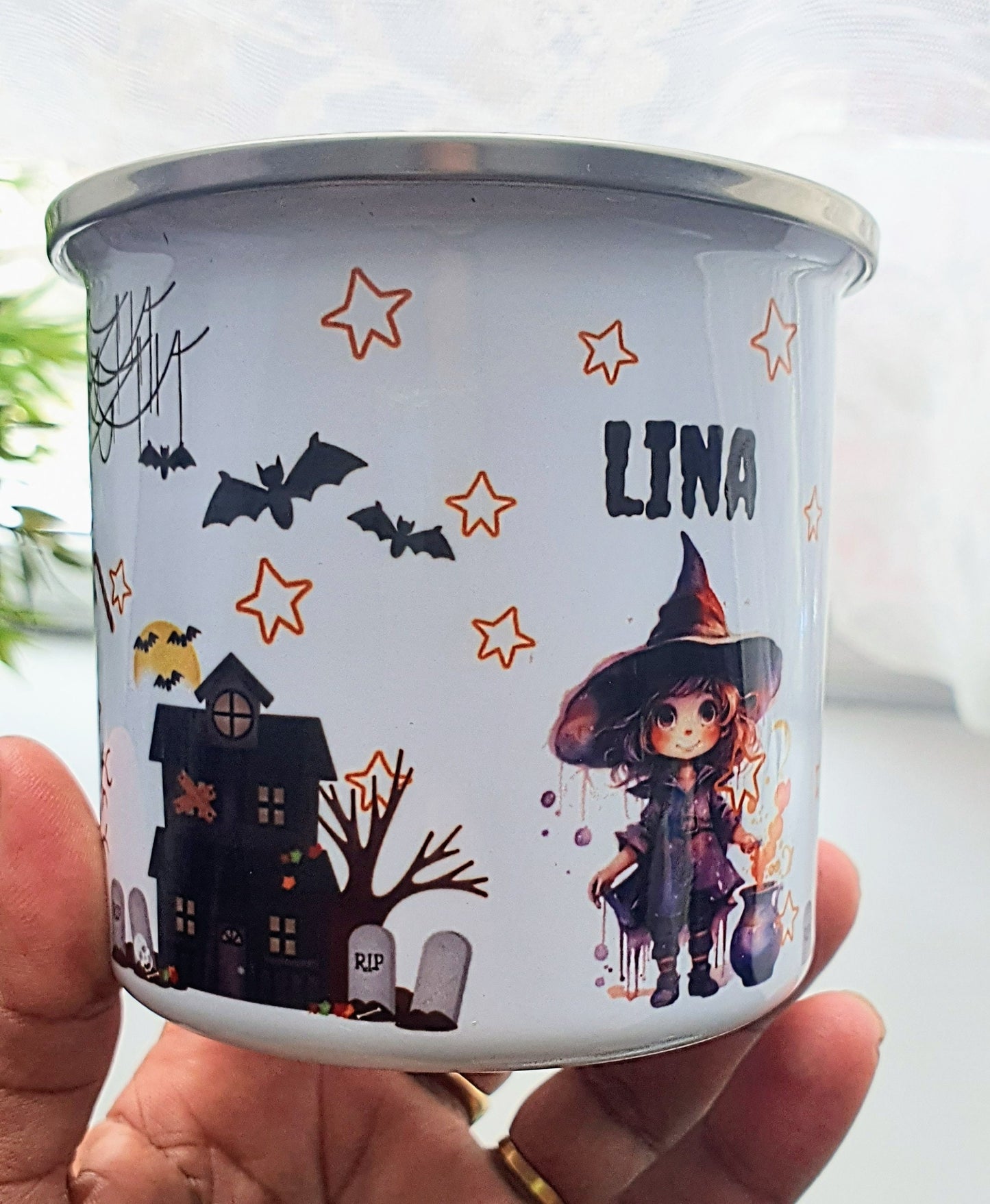 Personalied Halloween kids enamel mug, trick or treat cup, 12 0z unbreakable cup, Spooky kids, Party favour spooky kids, Dracula boy & Witch