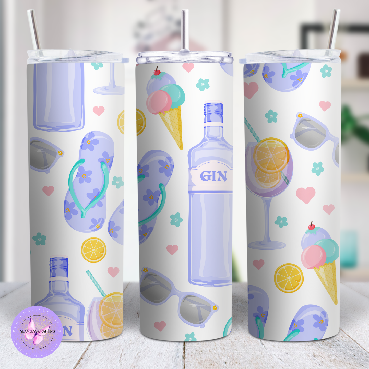 Personalised Gin Tumbler – 15oz or 20oz Stainless Steel – 4 Gin-Themed Designs – Custom Summer Cocktail Cup with Metal Straw