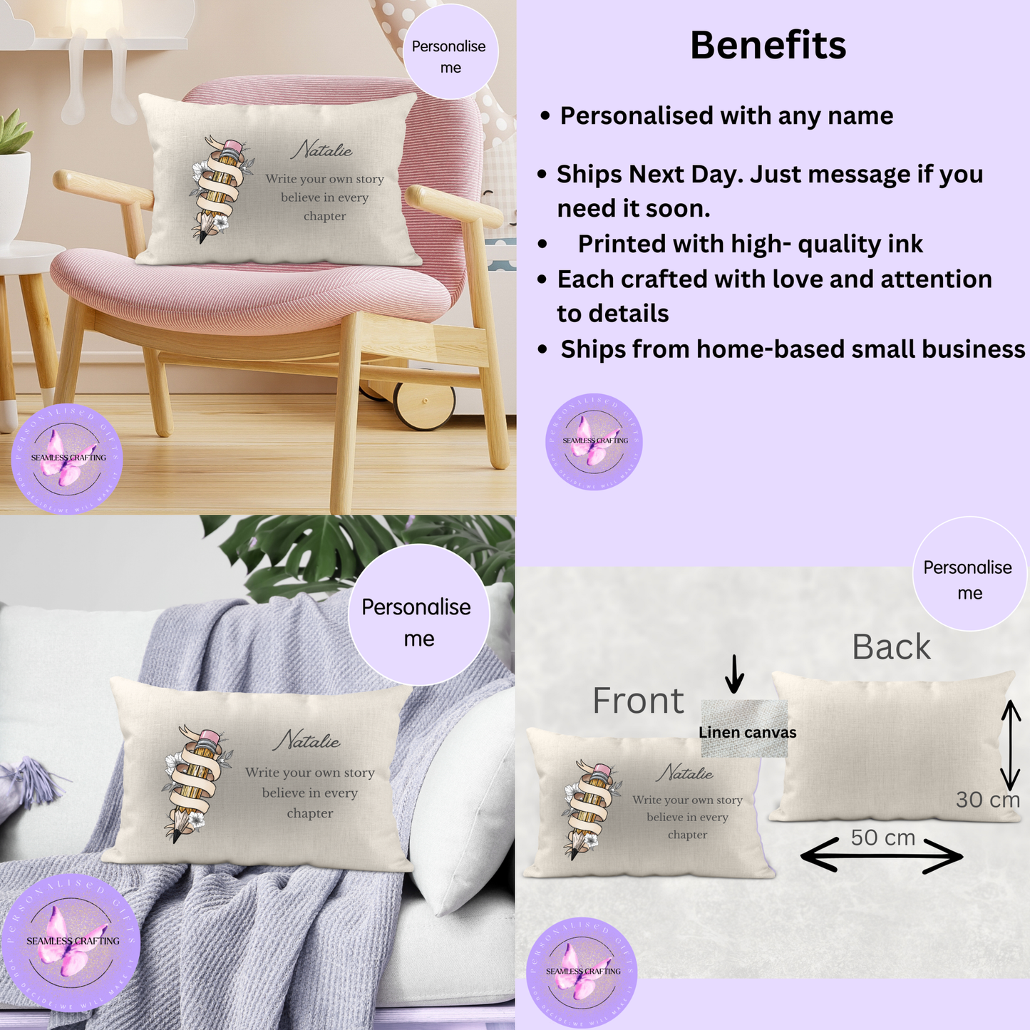 Personalised Writing Cushion 30×50cm – “Write Your Own Story” Linen Canvas Pillow – Custom Name Gift for Teachers, Writers & Students