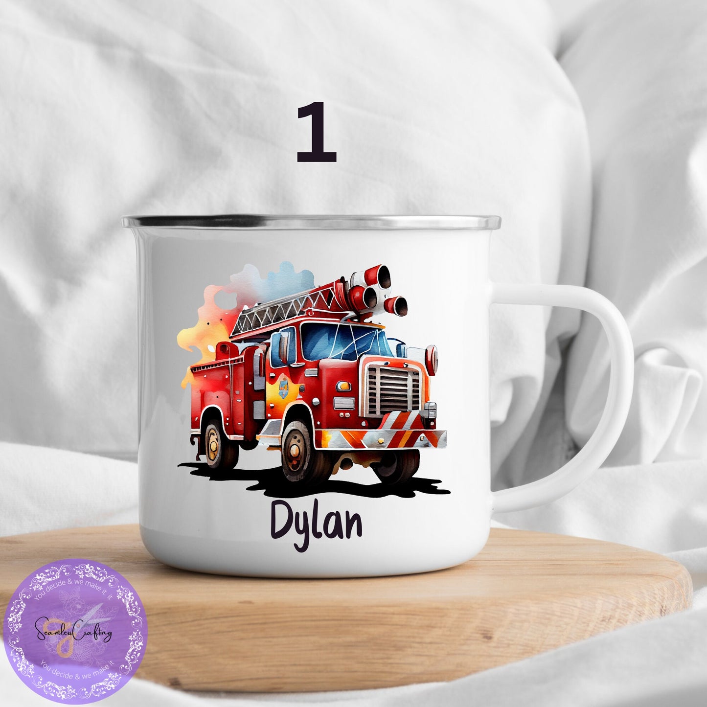 Personalised Enamel Mug Trex- Dinosaur Truck, Fire Engine Enamel Mug, Choice of Design, Personalise Name Mug, Gift For Kids