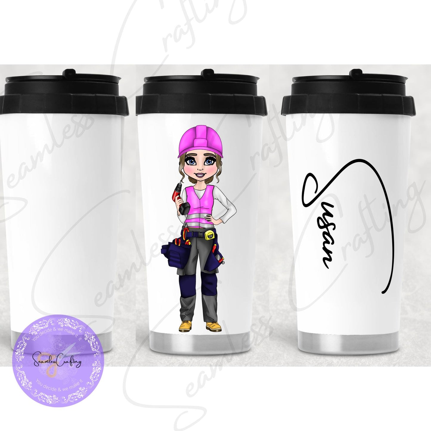 Personalised travel mug builder workwomen, Construction worker Engineer, Handylady contractor Builder, Workwoman joiner yellow pink vest mug