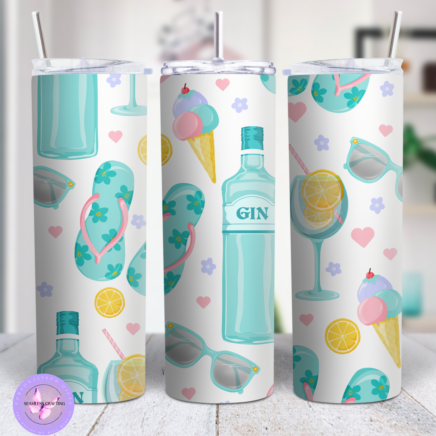 Personalised Gin Tumbler – 15oz or 20oz Stainless Steel – 4 Gin-Themed Designs – Custom Summer Cocktail Cup with Metal Straw
