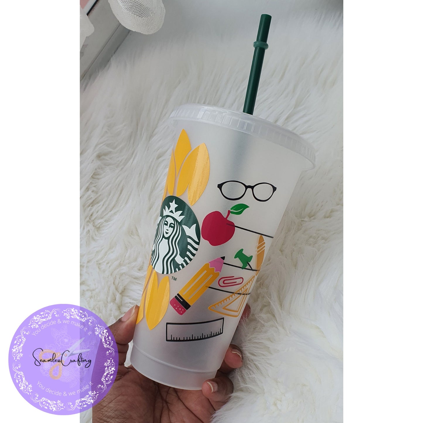 Personalised Starbucks Sunflower Cup, Teacher Pencil Apple Cup, Large Cold Cup 24 0z Cup size, Starbuck Cup with name, Reusable Gift Cup