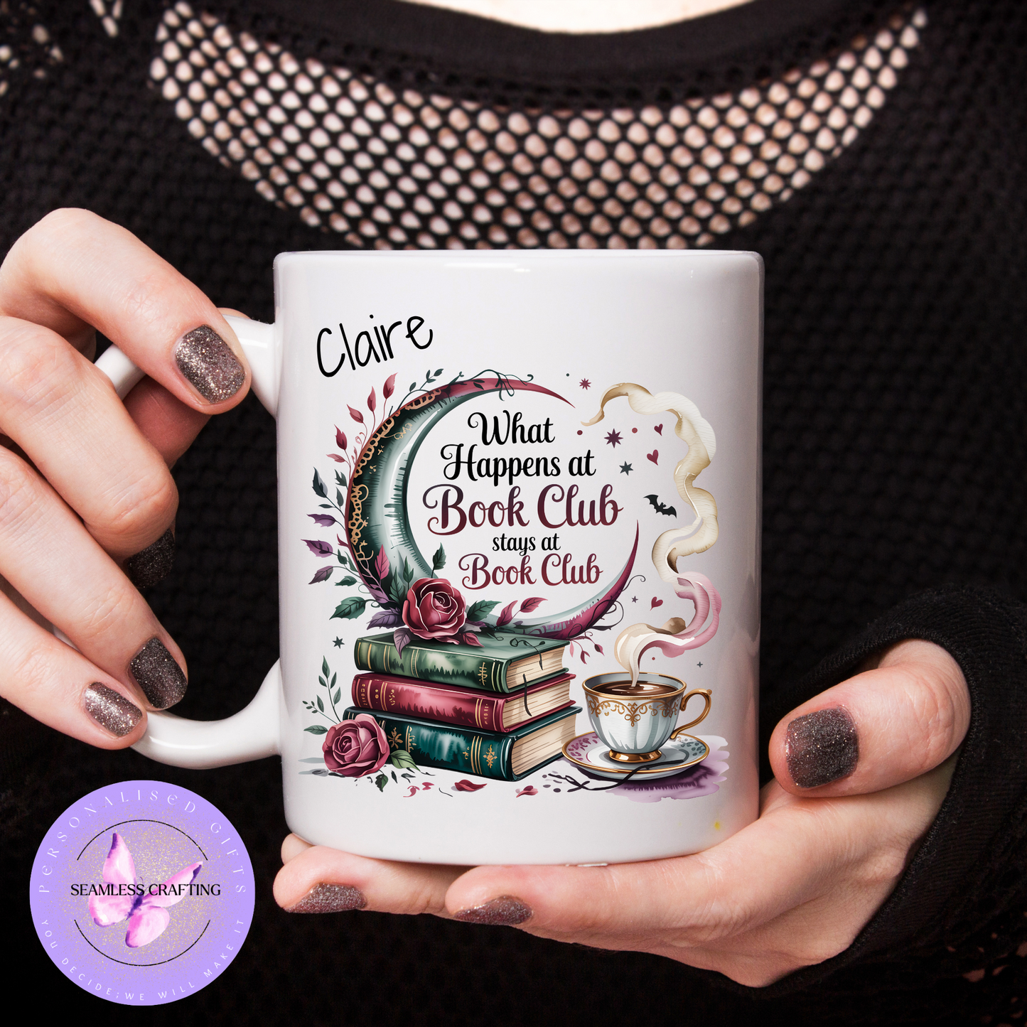 Personalised Book Club Mug – “What Happens at the Book Club Stays at the Book Club” – 11oz Ceramic Mug
