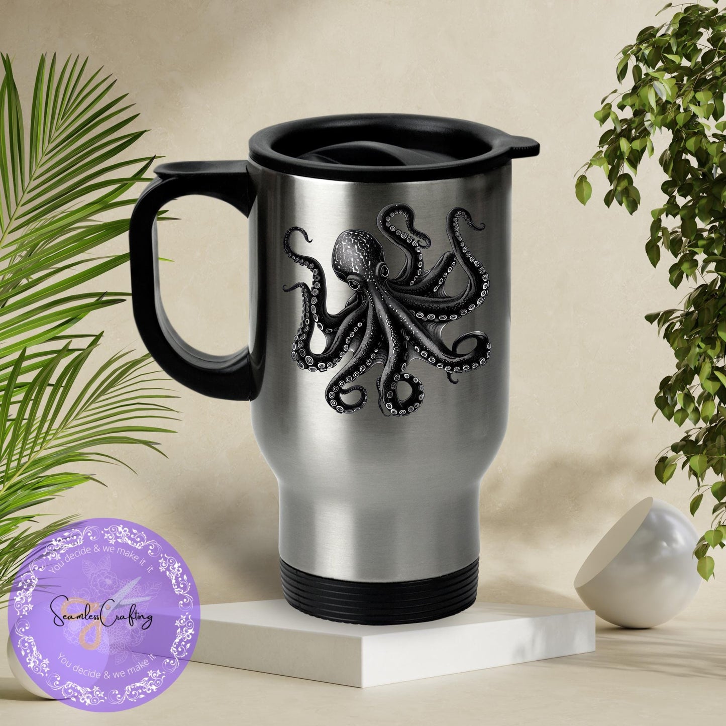 Custom-made Octopus Travel mug, Ceramic mug, Kraken Tentacle cup, Gift for him, Insulated mug, Coastal Reusable mug