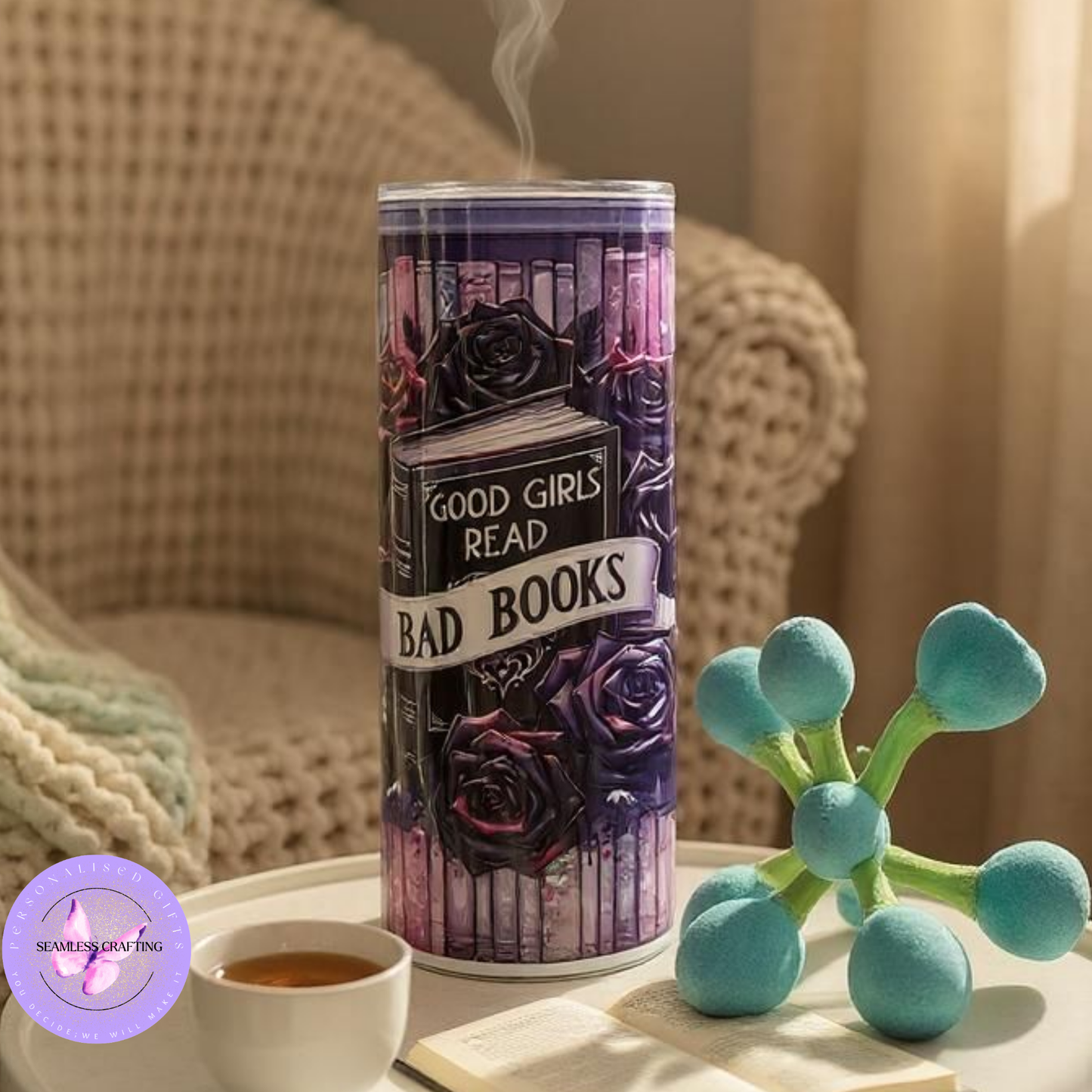 Personalised 20oz Stainless Steel Tumbler – “Good Girls Read Bad Books” Quote – Funny Book Lover Gift – Reusable Metal Straw & Cleaner