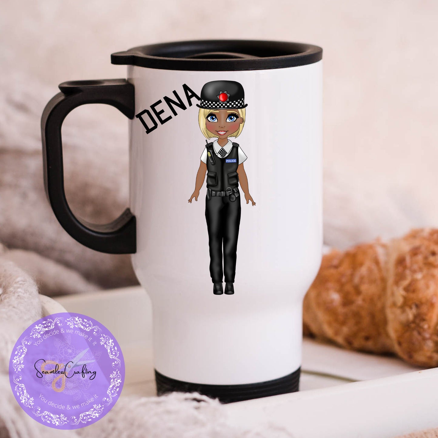 Personalised Female police officer travel mug, Police Lady gifts, New PCSO, Copper coffee cup, Build your character, Travel Thermos mug