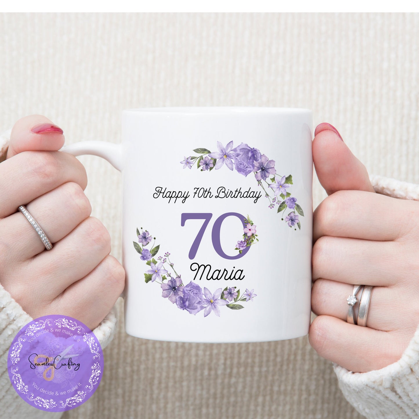 Personalised Milestone Birthday Hanging Acrylic ornament & Mug, Any age Purple flowers Plague, Gift For Her, 18th, 50th Birthday Keepsake