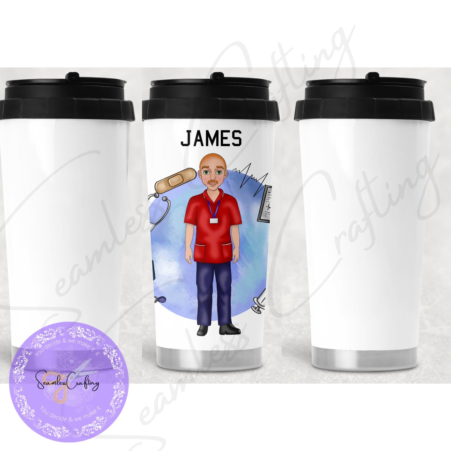Personalised Male Nurse cup, Careworker custom mug, NHS Staff gifts, Healthcare Worker, Gift for him, Build your caricature men Travel Mug