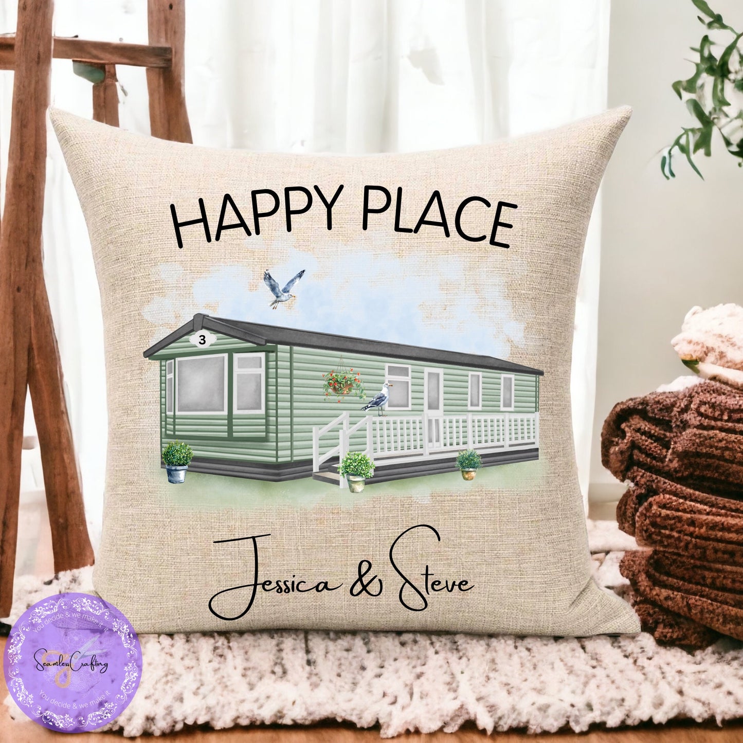 Personalised Static Caravan Linen Cushion gift, Custom any text & names, Campervan holiday gift, Static owners presents, New home decor