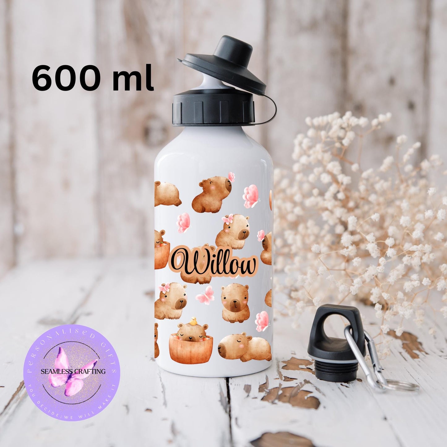 Personalised Capybara Water Bottle or Tumbler – Custom Name Chibi Animal Drinkware – 15oz / 20oz Stainless Steel or 600ml Bottle – Cute Gift for Capybara Lovers