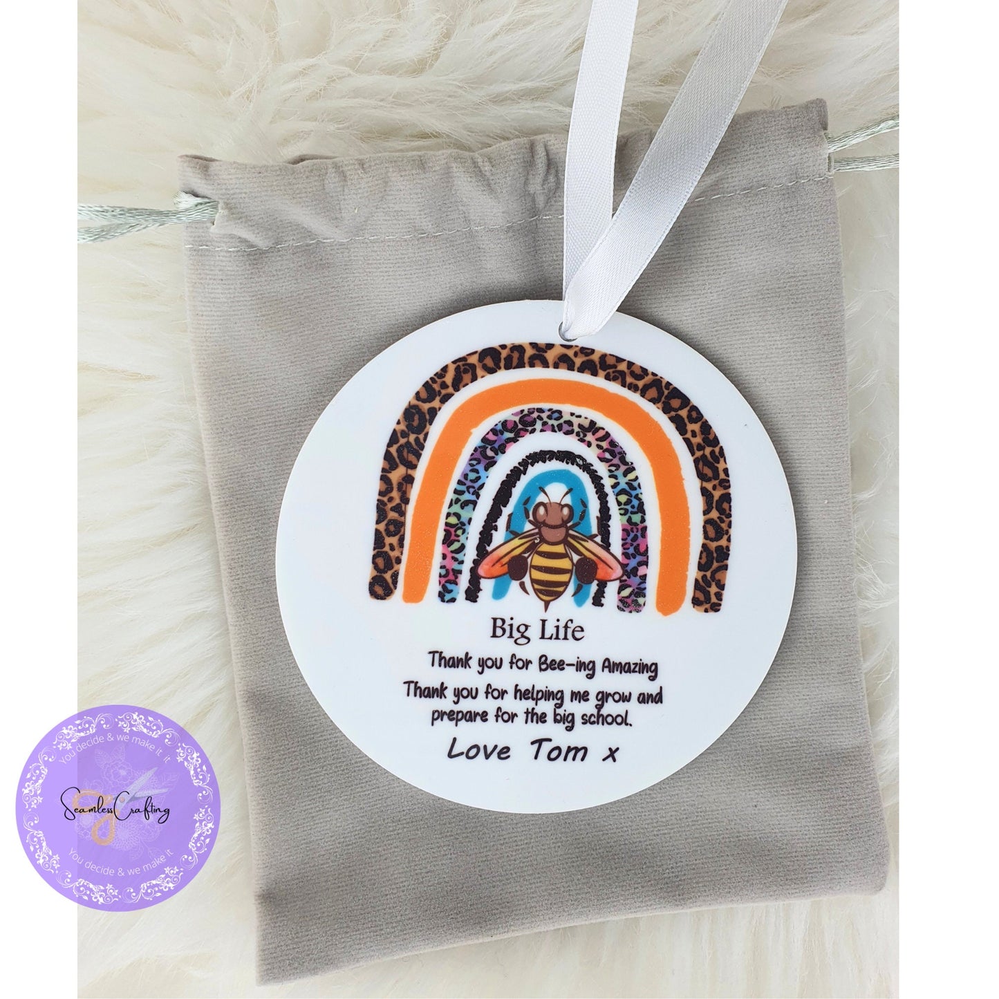 Peronalised Bee Rainbow Nursery teacher, practitioner hanging keepsake plaque, Thank you keepsake gift, childminders ornament gift