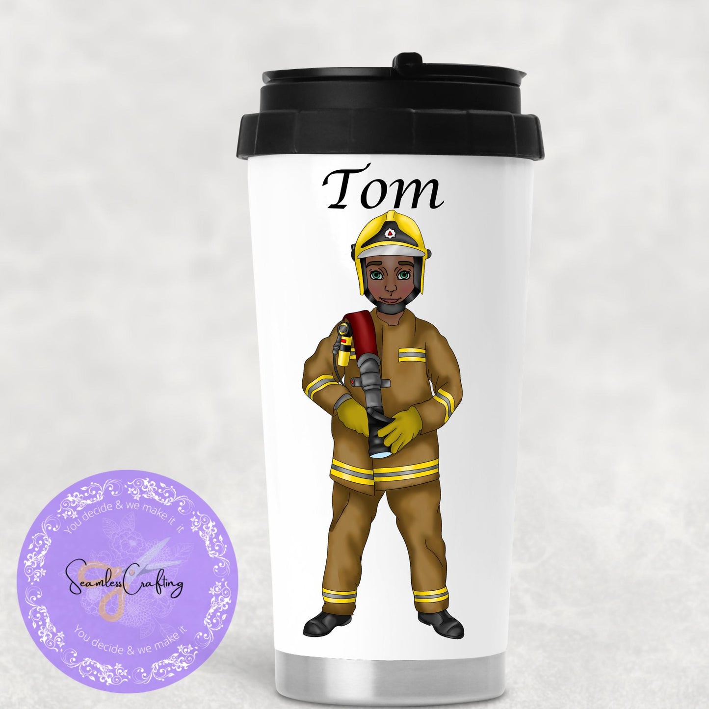 Personalised Male Fire Fighter character gift mug, Fireman travel mug, Insulated Stainless Steel Cup, Gift for him, Rescue Services
