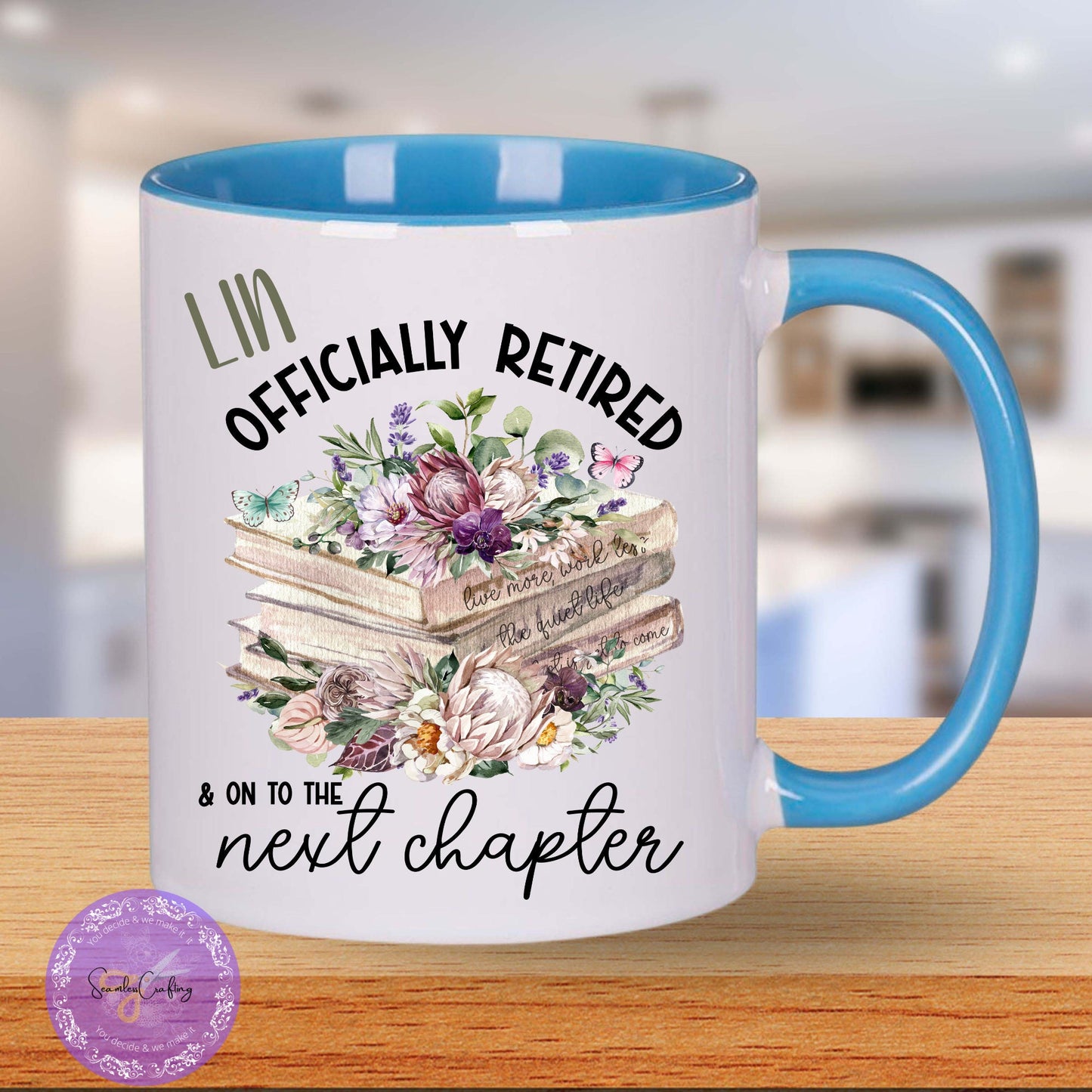 Personalised Officially Retired Retirement mug, Novelty mug, Retiree coffee mug, Officially retired & on to the next chapter, Stack of books