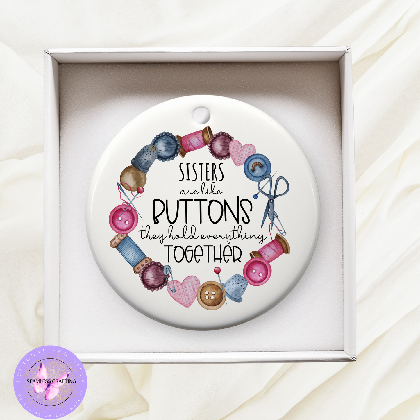 Personalised Ceramic Buttons Ornament | Mam, Nana, Sister Gift | Sewing Theme Keepsake Decoration