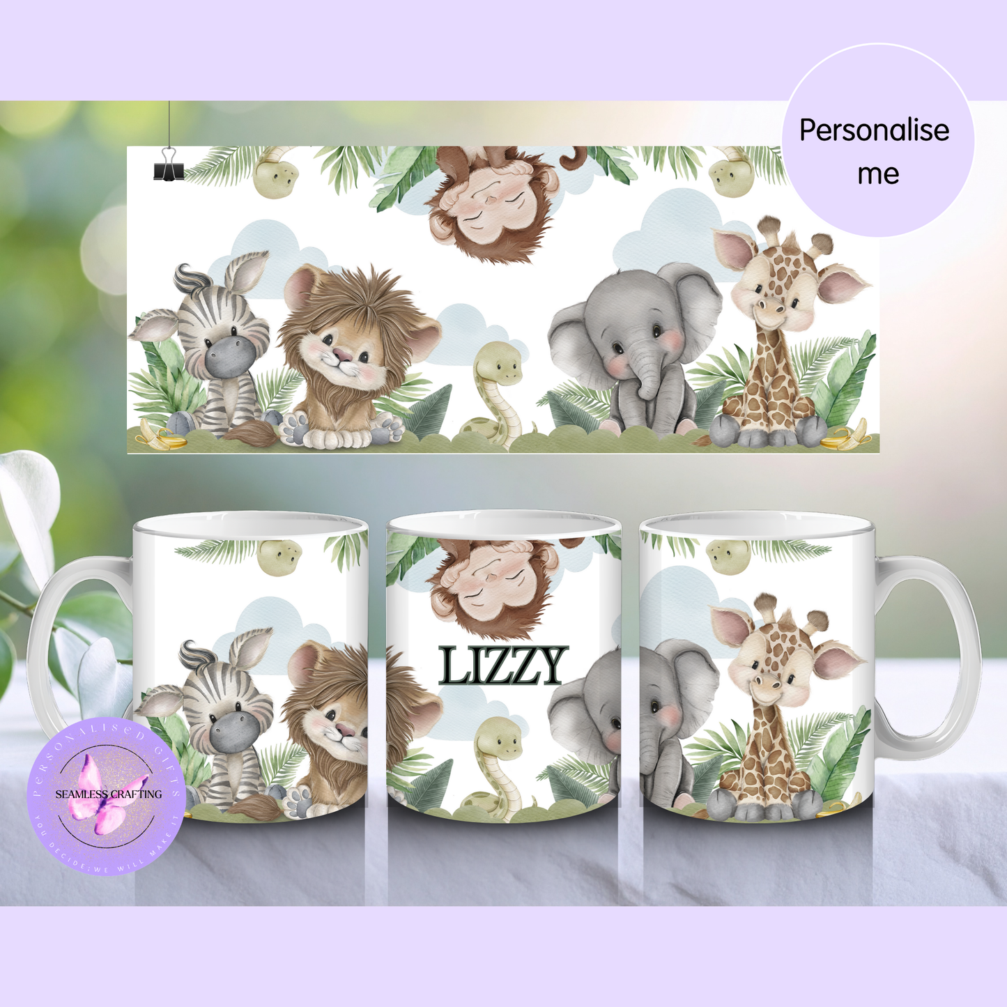 Three mugs with cartoon animal designs and a personalised name on
