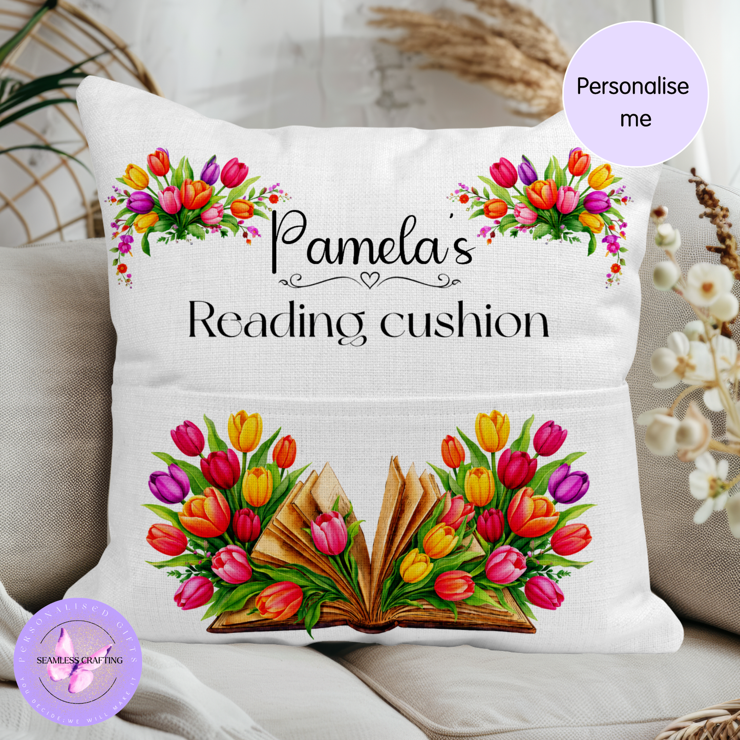 Personalised Tulip Reading Cushion with Pocket