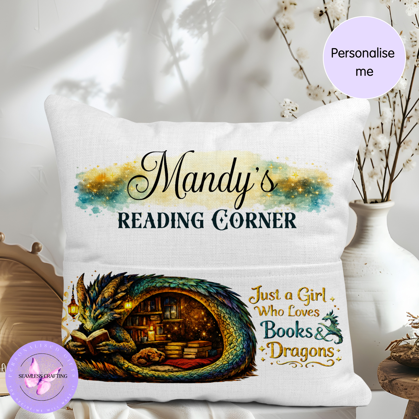 Personalised Dragon Reading Cushion | Book Lover Gift | Custom Name Reading Corner Pillow with Pocket | Fantasy Dragon Book Cushion