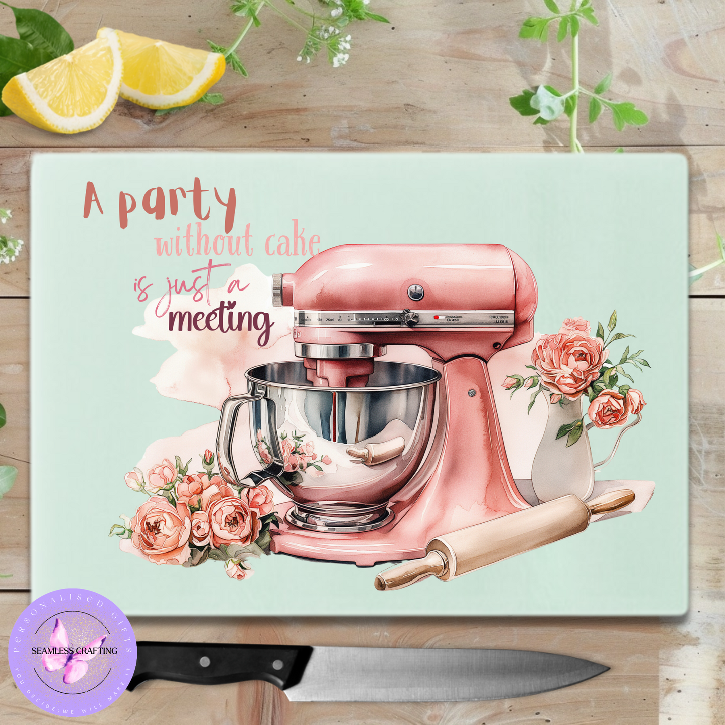 Personalised Glass Chopping Board – Cake Mixer Design | Tempered Glass Cutting Board Gift (20x28cm or 28x38cm)