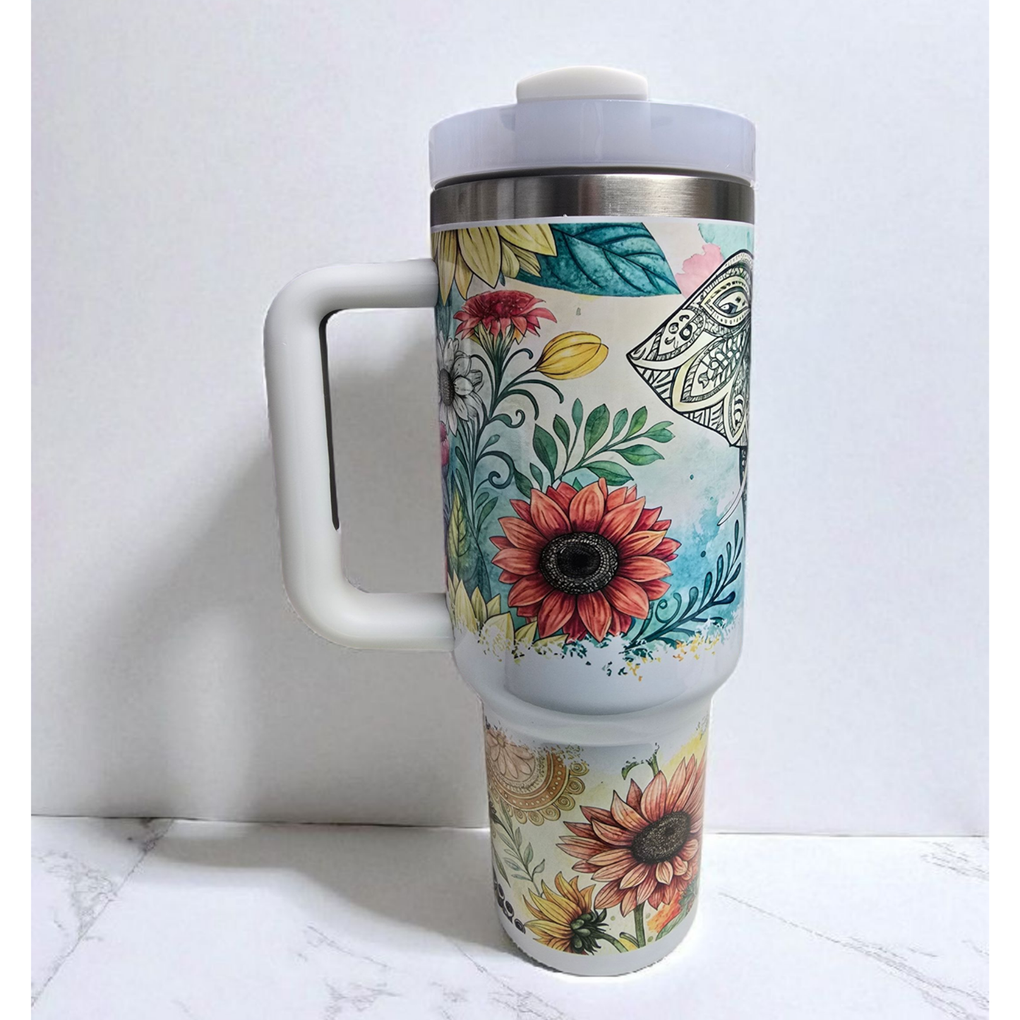 Personalised 40oz Mandala Elephant Tumbler with Handle & Straw – Floral Boho Travel Mug