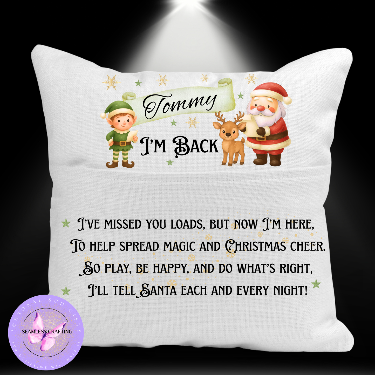 Personalised “I’m Back” Christmas Elf Cushion – Custom Name Kids Cushion | Santa & Elf Return Pillow | Linen Canvas Cushion Cover 40x40cm