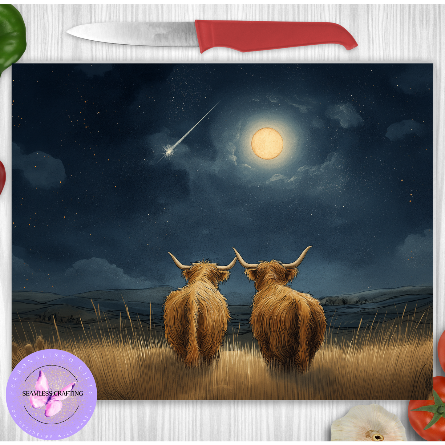 Highland Cow Glass Chopping Board – A3 & A4 Sizes | Tempered Glass Top Saver Cutting Board