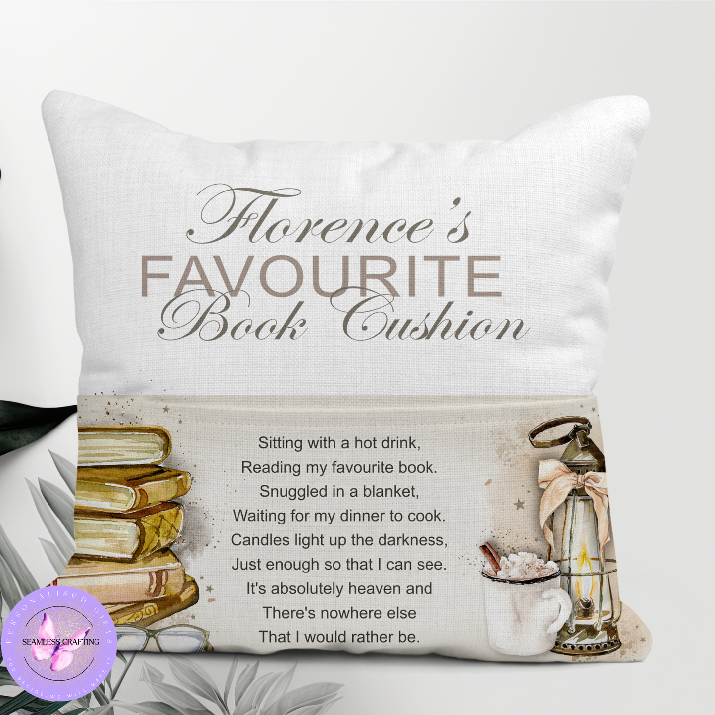 Personalised Reading Cushion with Pocket – Custom Name Linen Book Cushion Gift for Book Lovers, Readers & Bookworms – 40x40cm Handmade Cushion Cover