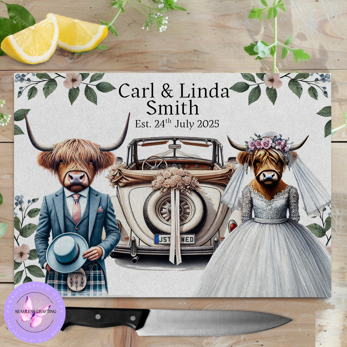 Personalised Highland Cow Wedding Glass Chopping Board – Bride & Groom, Kilt or Trousers Design, Wedding Gift