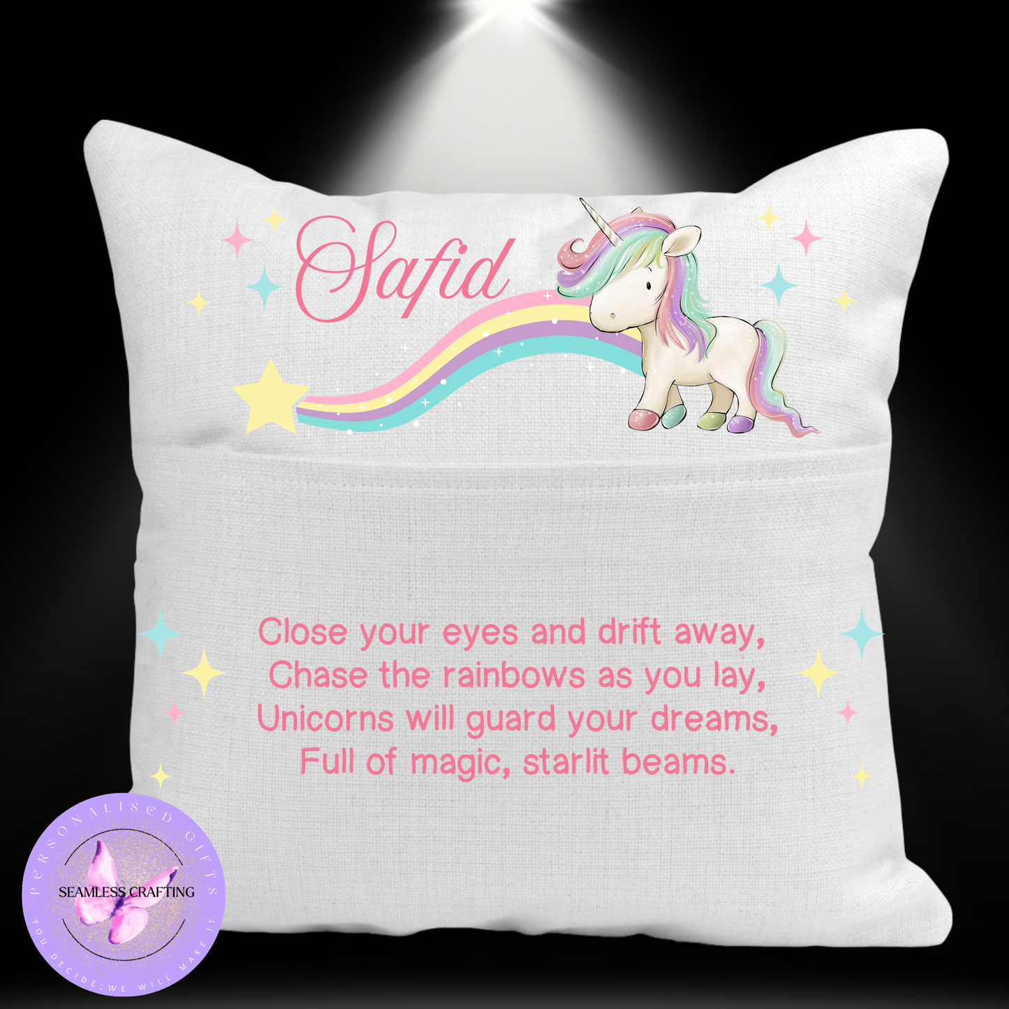 Personalised Unicorn Cushion for Girls – Custom Name Linen Pillow 40x40cm | Magical Unicorn Bedroom Decor | Dreamy Kids Cushion Cover
