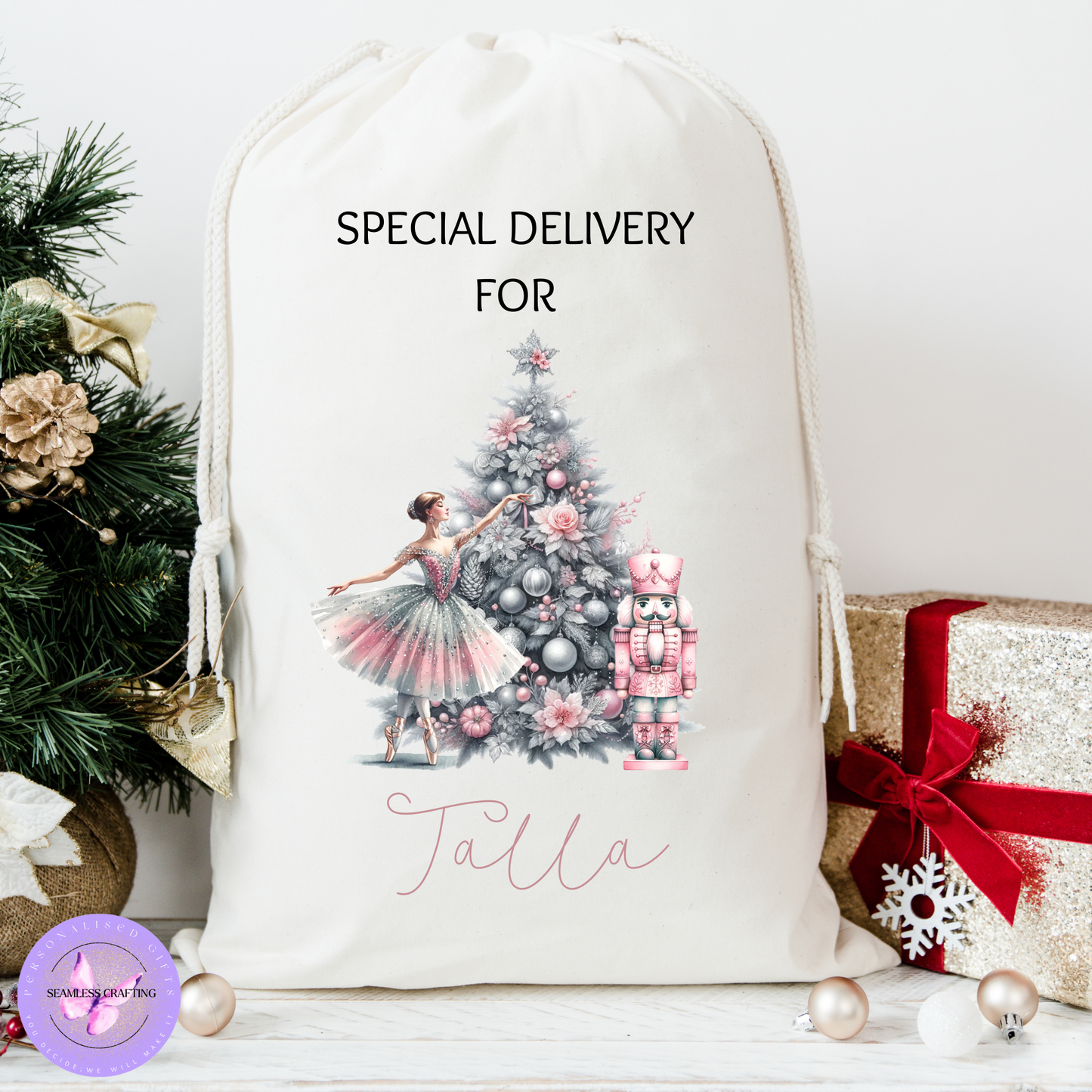 Personalised Christmas Santa Sack – Nutcracker Ballet Gift Bag | 3 Designs in Blue, Gold, Pink | Large & Small Sizes
