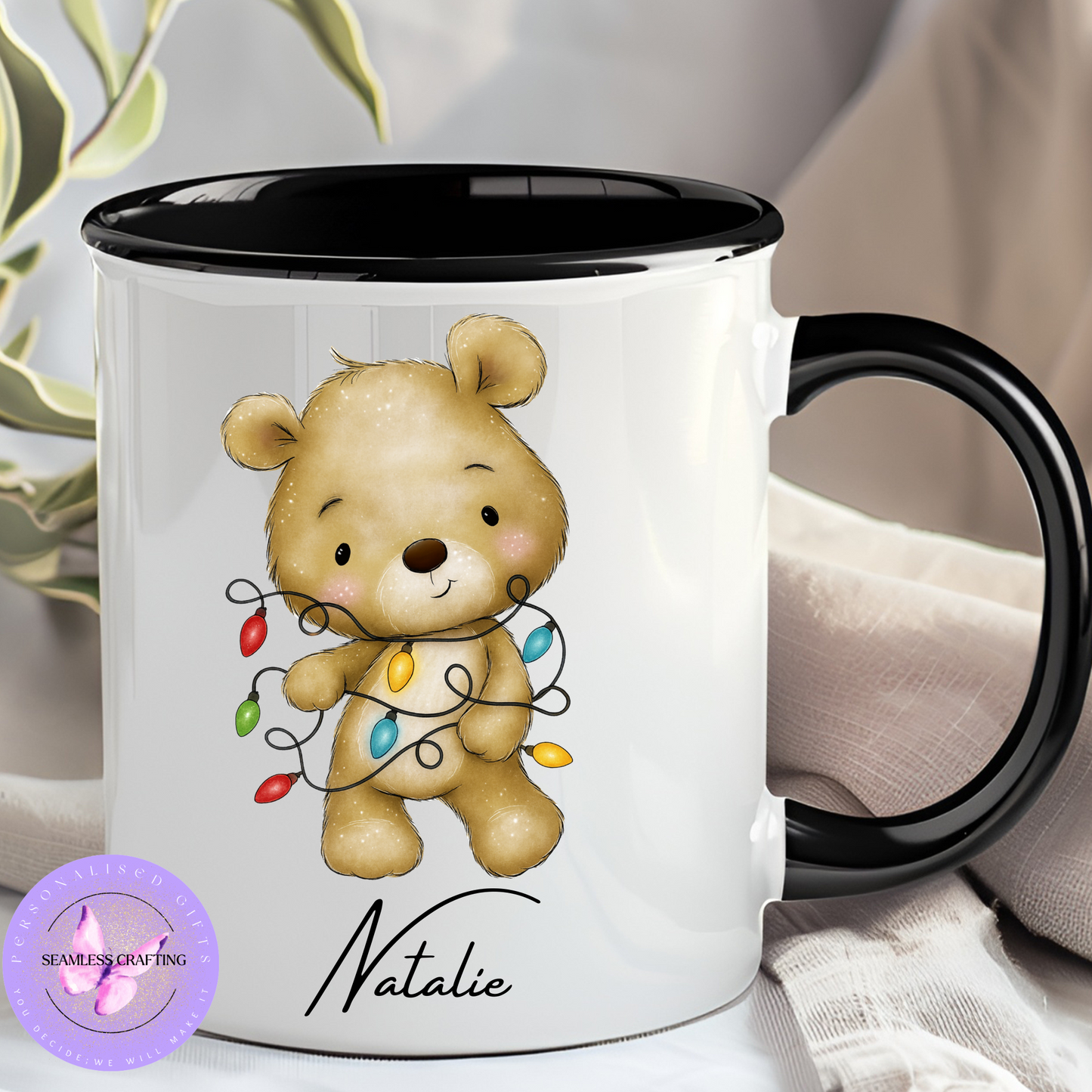 Personalised Christmas Mug – Teddy Bear Tangled with Christmas Lights – 11oz Ceramic Coffee Cup with Custom Name & 5 Colour Options